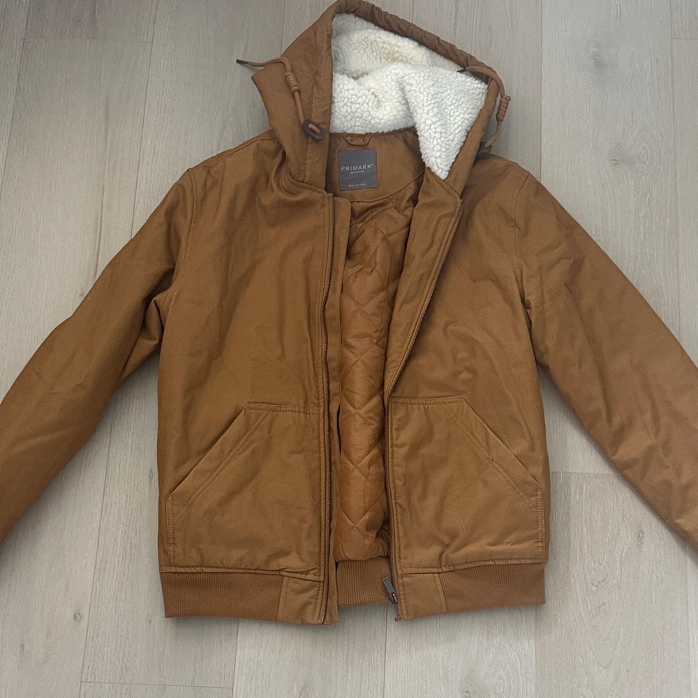 Primark Men's Chestnut Brown Hooded Puffer Jacket with Sherpa Lining